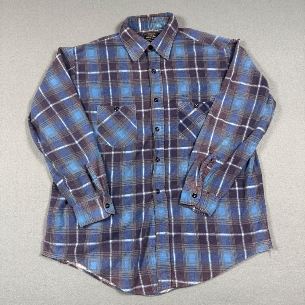 Vintage JCPenney Printed Flannel Shirt Mens Large Blue Plaid Cotton Long Sleeve